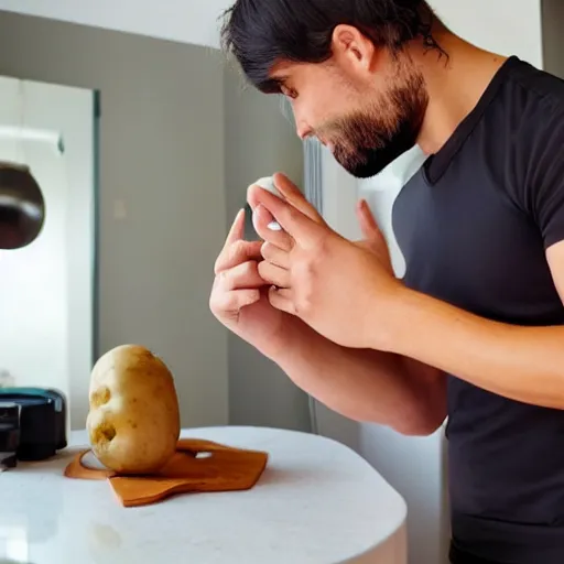 Prompt: a hybrid half man half potato getting ready for work