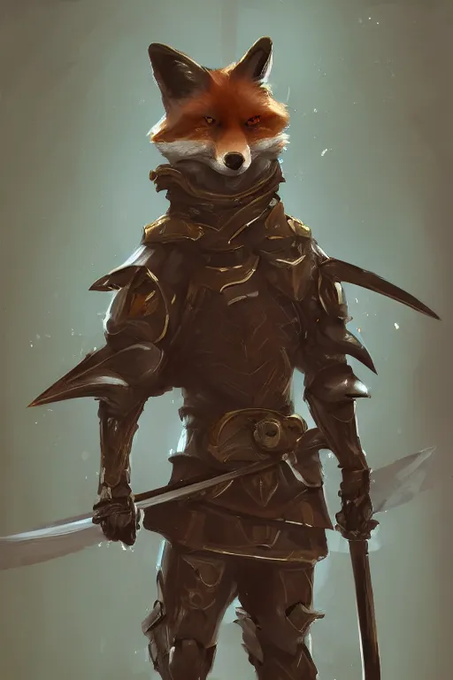 Image similar to anthropomorphic fox wielding dual blades wearing samurai clothes standing on top of robot scraps, concept art, digital painting, trending on artstation, electric sparks, moody lighting