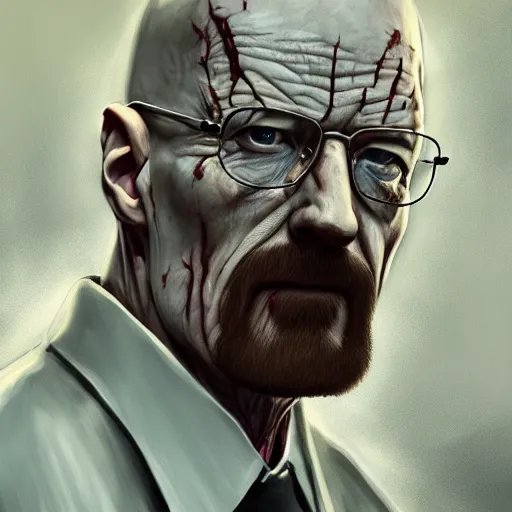 Image similar to Walter White as a Zombie, undead, portrait, fantasy, medieval, vivid colors, elegant, concept art, sharp focus, beautiful face, digital art, Hyper-realistic, 4K, Unreal Engine, Highly Detailed, HD, Dramatic Lighting by Brom, trending on Artstation