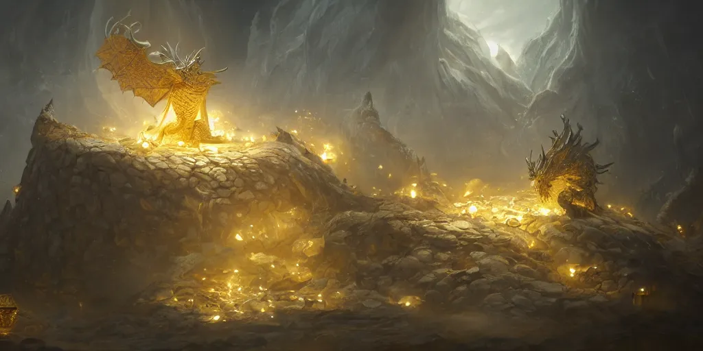 Prompt: concept art of a white scaled dragon laying on a mountain of golden coins and precious jewels inside a dark castle, medieval, dark concept art, jewels, gold, painting by wlop, nixeu and greg rutkowski, beautiful, semirealism, artstation, octane render, sharpness, 8 k, golden ratio