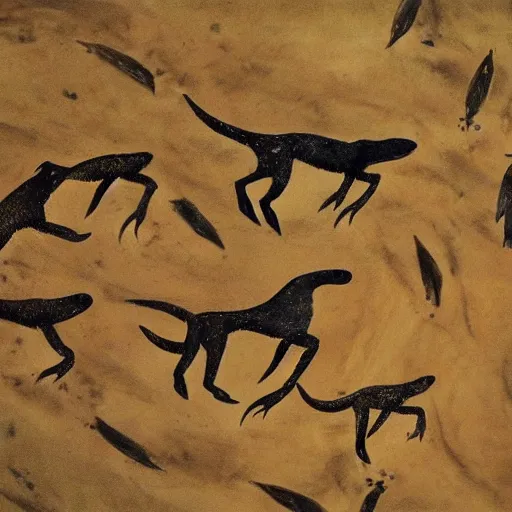 Image similar to seals being hunted by men, prehistoric cave painting