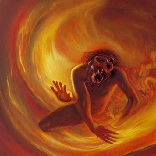 Prompt: Man arising from the depths of hell. Oil painting.