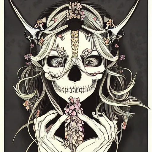 Image similar to anime manga skull portrait girl female skeleton helmet illustration 80s art Betz Etam and Sainer Etam and alphonse mucha pop art nouveau