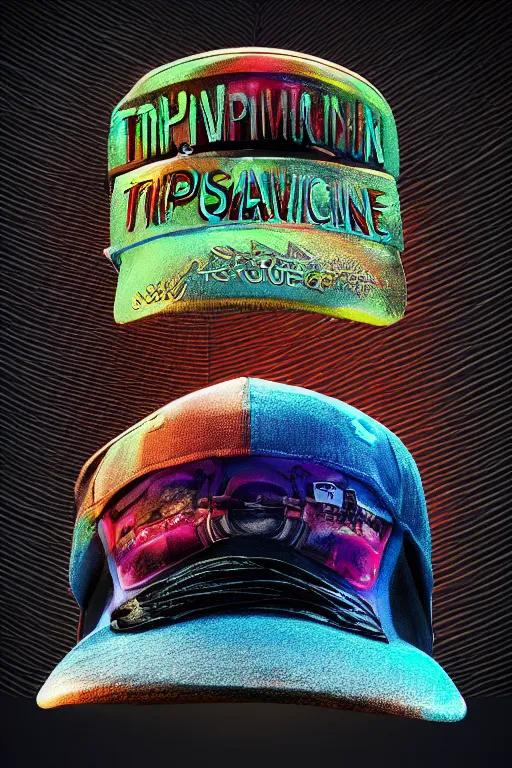 Prompt: fashion photo of one baseball cap, band merchandise, bandname is tripmachine, tourname is invasion of the tripmachines, realistic digital art, printed with a 3 d render of a huge futuristic steampunk generator, 8 k, fluorescent colors, halluzinogenic, multicolored, exaggerated detailed, unreal engine