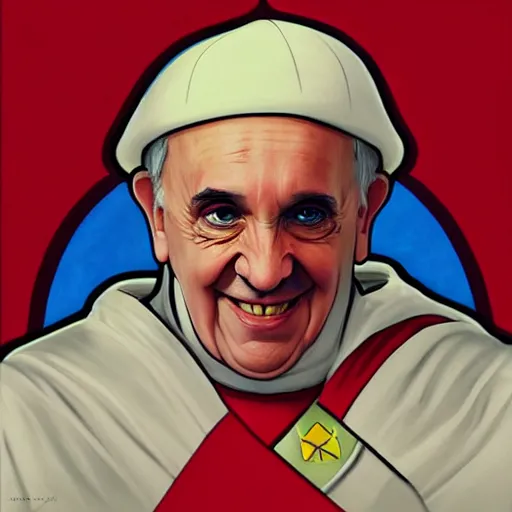 Image similar to pope francis as super mario, digital painting, trending on artstation, by artgerm and greg rutkowski and alphonse mucha