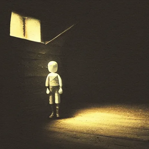 Image similar to dark attic with the man with a doll head, dark ,night