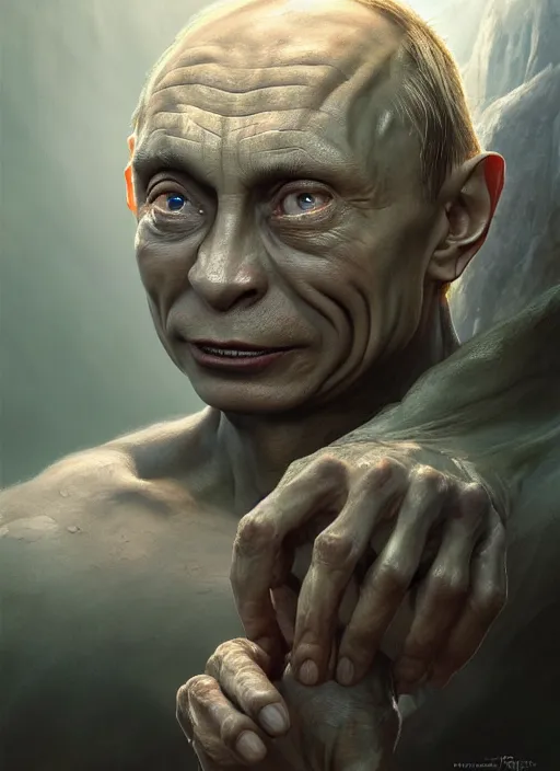 Image similar to portrait of vladimir putin as gollum, subsurface scattering, by jesper ejsing, justin gerard, tomasz alen kopera, cgsociety and fenghua zhong, highly detailed, rim light, cinematic lighting, illustration, art, octane render, very coherent, cinematic, hyper realism, high detail, octane render, 8 k