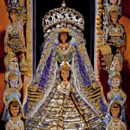 Image similar to The royal tomb, jewelpunk, each indiviual person is on display, posed as they were in life, encased forever in diamond, very beautiful, each body is lit from above. Princess Soraha, age 10