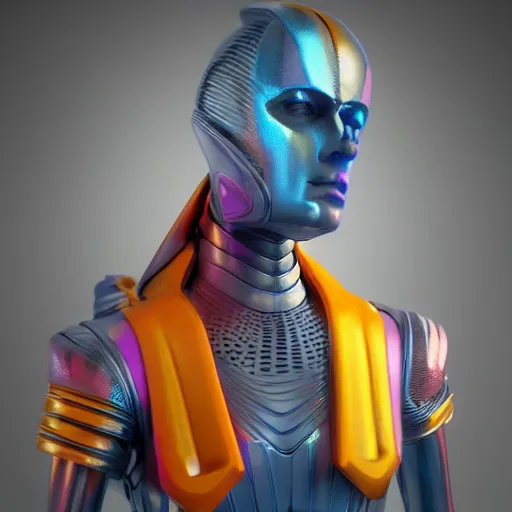 Image similar to hyperrealistic 3 d render of a colorful bust of knight with futuristic fashion elements created by ludvig holmen, brilliantly colored, kingdoms of ether, octane render, 3 d animated, unreal engine 5, volumetric lighting, hdr, cinematic atmosphere, smooth surface, 8 k