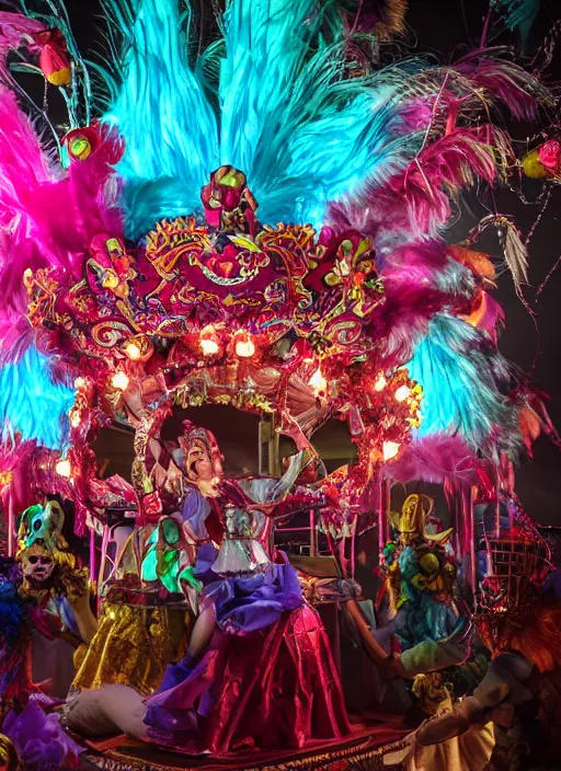 Image similar to professional photography, octane render, beautiful aesthetic whimsical horror, carnival, fools and jesters performing at a carnival, high-resolution, extreme detail, beautiful colorful lights