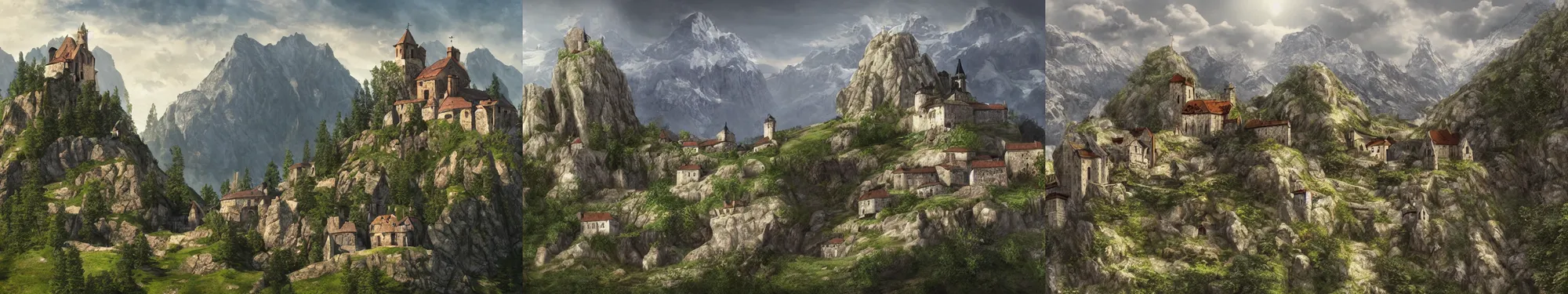 Prompt: a small medieval old monastery on the top of a rough, steep mountain with great view on other mountains, epic, no trees, no foliage, realistic light, epic, fantasy, digital art