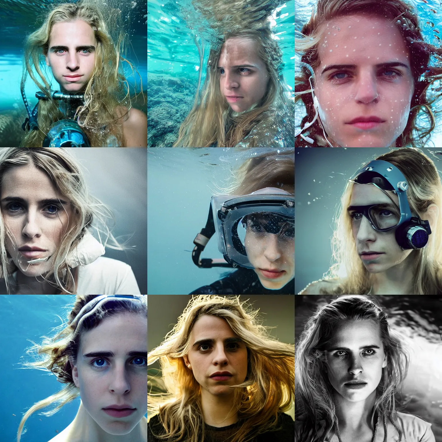 Prompt: beautiful extreme closeup portrait photo in style of frontiers in human underwater deep diving helmet science fashion magazine retrofuturism underwater brit marling edition, highly detailed, focus on face, soft lighting