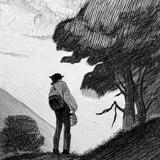 Image similar to a black and white cross - hatching edward gorey illustration of a man in old fashioned clothes waits by the side of the dark and lonely mountain road with his suitcase, stormy night time in the mountains highly detailed in the style of edward gorey, artgerm, 8 k resolution - c 5