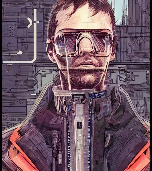 Image similar to a cyberpunk man with multiple digital patchwork faces, techwear, Industrial Scifi, detailed illustration, character portrait, by Martin Grip and Moebius