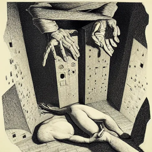 Image similar to lithography on paper secret layer dungeon conceptual figurative post - morden monumental dynamic portrait by goya and escher and hogarth, illusion surreal art, highly conceptual figurative art, intricate detailed illustration, controversial poster art, polish poster art, geometrical drawings, no blur