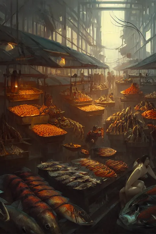 Image similar to fish market by bayard wu, anna podedworna, greg rutkowski, giger, maxim verehin