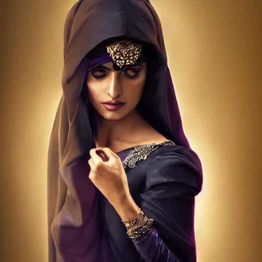 Prompt: a Photorealistic dramatic render of greek arab ameera al taweel, blue eyes, straight black hair, deep purple veil, emerald and diamond necklace, by WLOP, Artgerm, Greg Rutkowski, Alphonse Mucha, Beautiful dynamic dramatic dark moody lighting,shadows,cinematic atmosphere,Artstation,concept design art,Octane render,8K