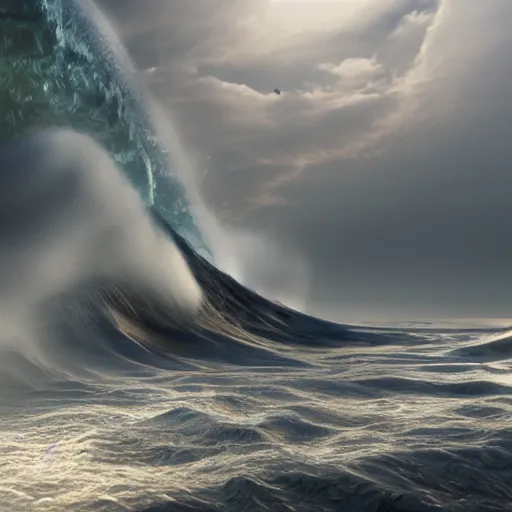 Image similar to 1 0 0 m high tsunami, 3 d octane render, sharp focus, highly detailed, epic lighting