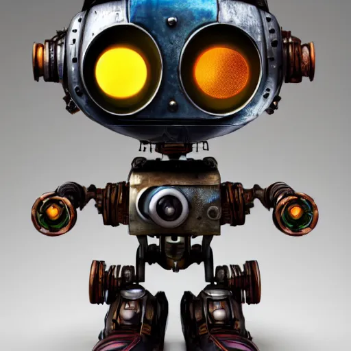 Image similar to a cute little robot made out of steel and metal, steampunk, studio photography, backlit, 8k, in the style of borderlands