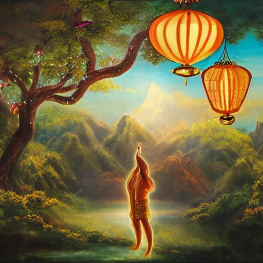 Image similar to painting of a god of wind enjoying his heavenly palace, decorated with windchimes and paper lanterns, stunning nature in background, cinematic