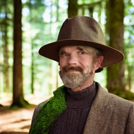 Prompt: portrait of a man with hat made of moss, 4k, full shot, high details, natural light, Forrest in background