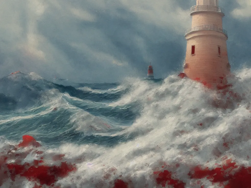 Prompt: a beautiful painting of waves crashing into red lighthouses, isometric, warwick goble, trending on artstation