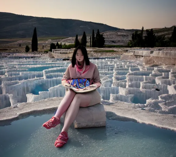 Image similar to Lee Jin-Eun hacking a laptop at Pamukkale by Martine Johanna, rule of thirds, seductive look, beautiful