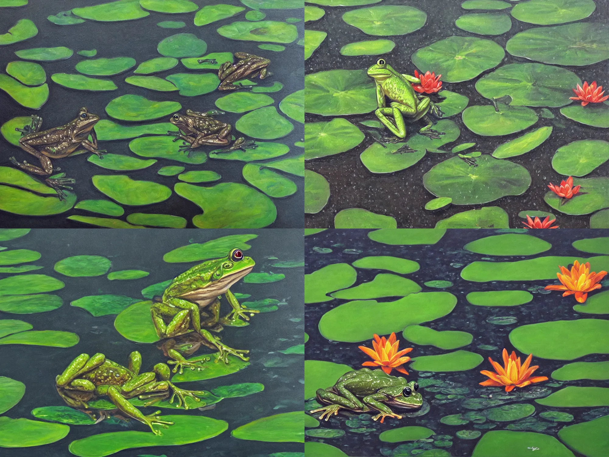 Prompt: Oil painting of a frog sitting on a lily pad in a rain forest.