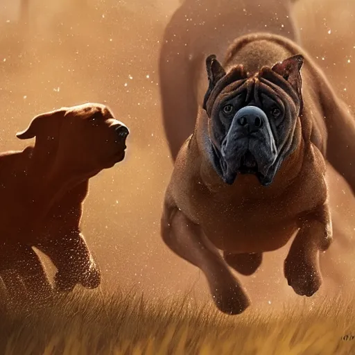 Prompt: - w 1 0 2 4 a boerboel mastiff running, chasing a kangaroo, detailed, intricate, by jessica rossier