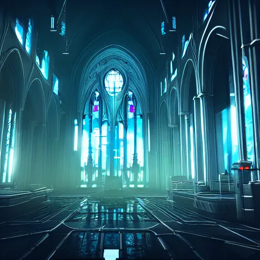 Prompt: a futuristic cyberpunk gothic cathedral made full of glass, unreal engine fantasy art, trending on artstation, photorealistic, cyberpunk environment, LEDs, cinematic lightning, fog, dramatic