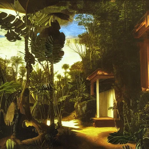 Image similar to a mystic town deep in the jungle, modern architecture, painted by caravaggio