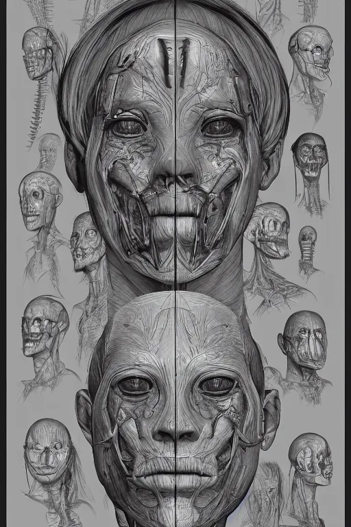 Image similar to facial anatomy with gunmetal grey skin, medical anatomy, very symmetrical face, highly detailed, three - perspective / three - view reference sheet ( front / back / side ), in the style of dan ouellette, steven jung, amanda lilleston, hr giger, sil from species, dren from splice, mecha, artstation, unreal engine