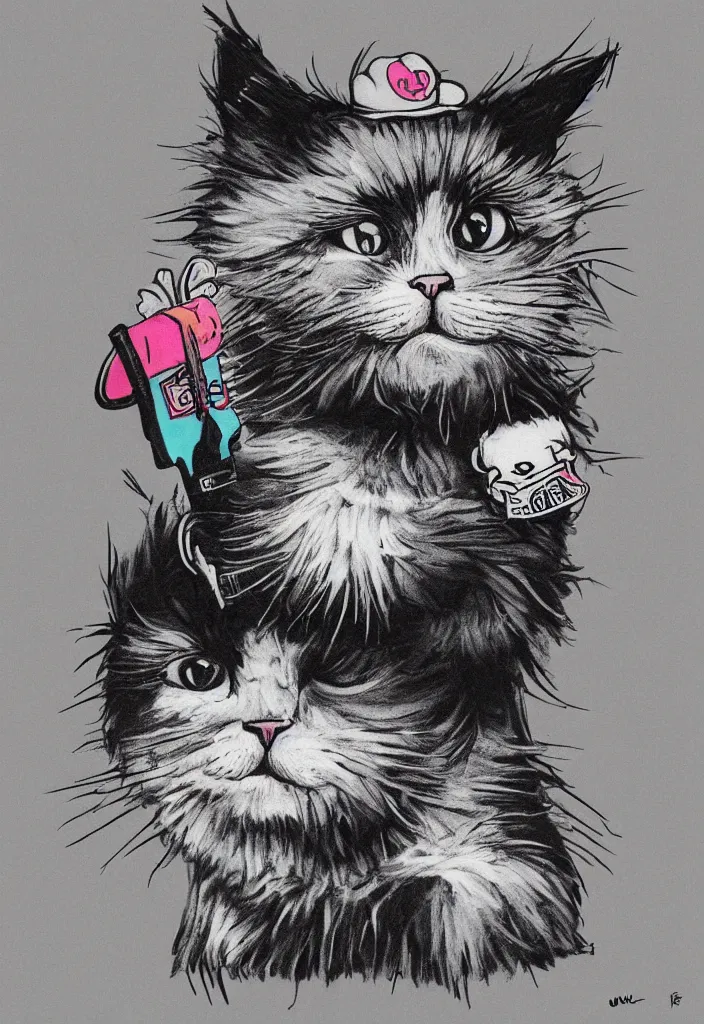 Image similar to fluffy cat with an afro comb t - shirt design, by jules julien, alex yanes, dark grisaille monochrome neon spraypaint, ironic surrealism, hypebeast