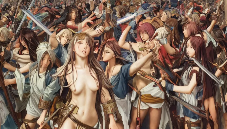 Image similar to jesus christ our lord leading an army of anime girls into battle, photorealistic, anime, mini skirt, long hair, renaissance painting, hyper real, detailed, closeup shot, ultra detailed