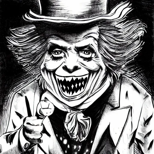 Image similar to a Pop Wonder scary horror themed goofy-hilarious-character Mad-Hatter-wearing a scarf, 3-piece-suit, dime-store-comic drawn with charcoal and pen and ink, half-tone-line-stacking