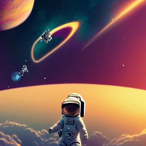 Image similar to a painting of an astronaut floating in space, poster art by mike winkelmann, behance contest winner, space art, sci - fi, poster art, 2 d game art