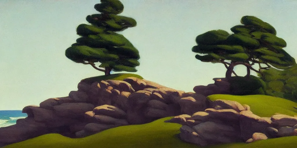 Image similar to a beautiful landscape painting of a rocky outcrop on the coast with a tree next to a house, by edward hopper, oil on canvas, highly detailed, hd, 4 k