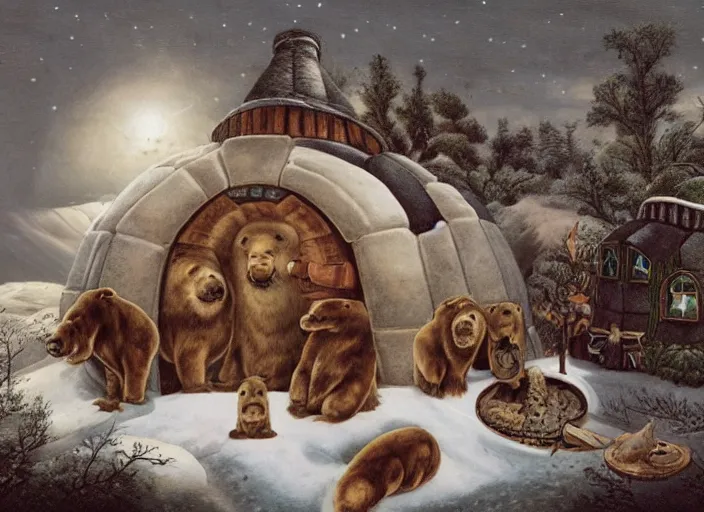 Prompt: an igloo with a chimney, walrus, polar bear, sleigh dogs, fish, giraffe, lowbrow in the style of mark ryden and ernst haeckel,