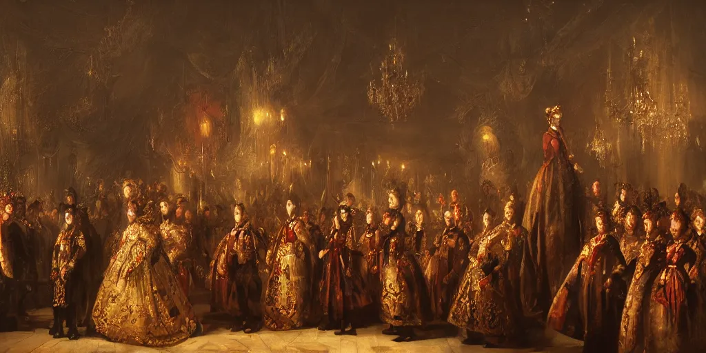 Image similar to Empress Sisi in a group of angry peasants at night, epic lighting, digital art