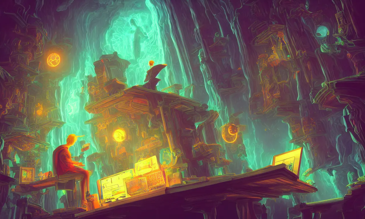 Image similar to workstations, kerberos realm, faked ticket close up, wizard reading a directory, colorful ravine, 3 d art, digital illustration, perfect lighting