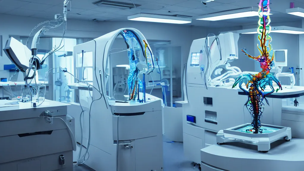 Image similar to a complex bifurcated surgical arm hybrid mri 3 d printer machine making colorful mutant forms with control panels in the laboratory inspection room, film still from the movie directed by denis villeneuve with art direction by salvador dali, wide lens