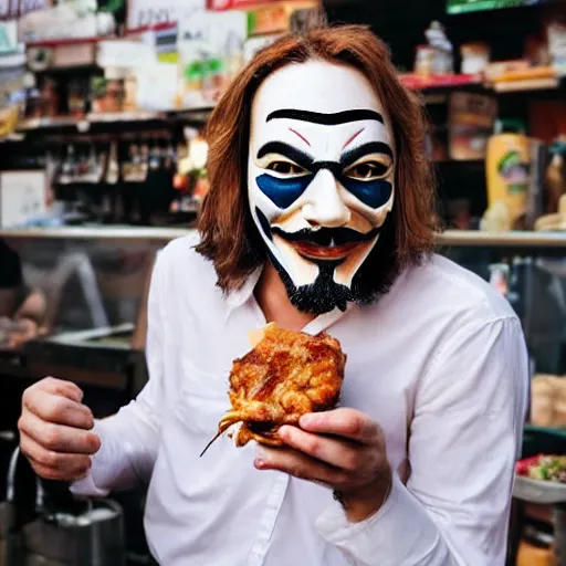 Prompt: man with guy fawkes mask eating pork - chop