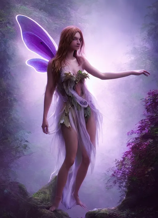 Image similar to beautiful full body portrait fairy faerie fey fae forest spirit highly detailed CGsociety subtle enchanting alluring magical concept art HDR hyper realistic volumetric lighting subsurface scattering unreal