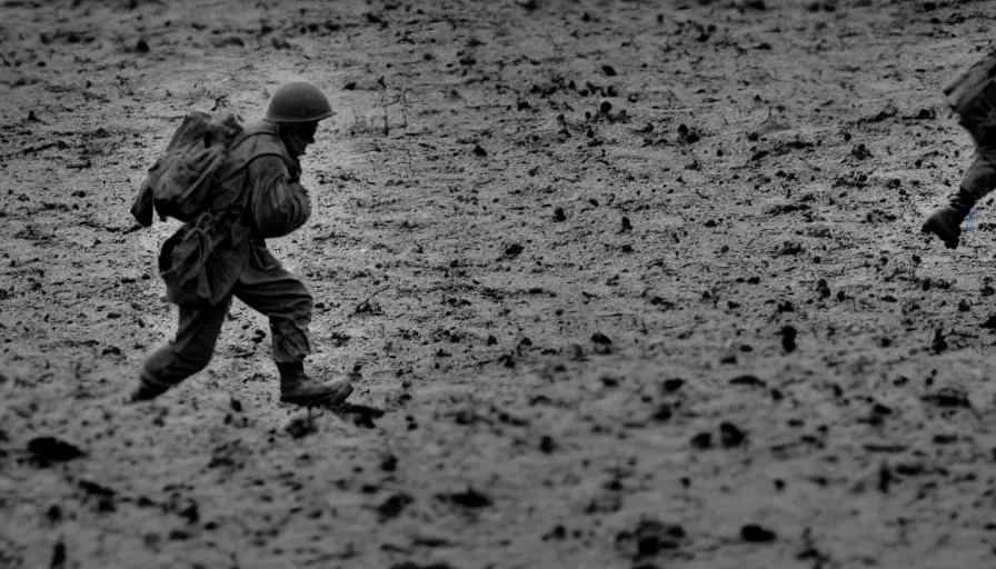 Image similar to screaming World War 1 soldier running away, wartorn landscape, lots of mud puddles and craters, bullets whizzing past camera, dirty lens, cinematic lighting, IMAX close-up of face, cinematography, 35mm