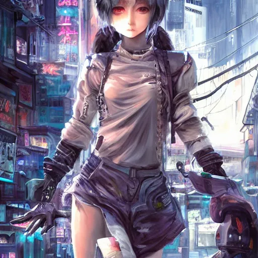 Image similar to dynamic composition, motion, ultra-detailed, incredibly detailed, a lot of details, amazing fine details and brush strokes, colorful and grayish palette, smooth, HD semirealistic anime CG concept art digital painting, watercolor oil painting of Clean and detailed post-cyberpunk sci-fi close-up cyborg vampire girl in asian city in style of cytus and deemo, blue flame, relaxing, calm and mysterious vibes,, by a Chinese artist at ArtStation, by Huang Guangjian, Fenghua Zhong, Ruan Jia, Xin Jin and Wei Chang. Realistic artwork of a Chinese videogame, gradients, gentle an harmonic grayish colors. set in half-life 2, Matrix, GITS, Blade Runner, Neotokyo Source, Syndicate(2012), dynamic composition, beautiful with eerie vibes, very inspirational, very stylish, with gradients, surrealistic, dystopia, postapocalyptic vibes, depth of field, mist, rich cinematic atmosphere, perfect digital art, mystical journey in strange world