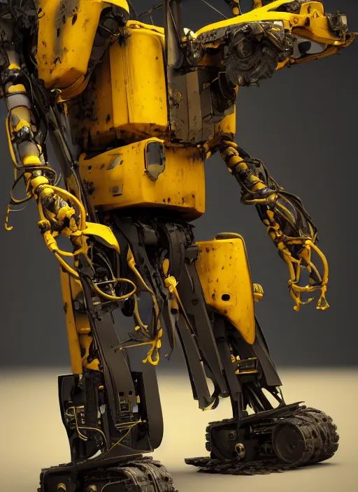 Image similar to a photorealistic dramatic hyperrealistic render of a futuristic exosuit power excavator heavy machinery, ultra realistic details, glossy yellow, well worn, rust, oil stains by vitaly bulgarov and mike nash, beautiful dramatic dark moody tones and lighting, cinematic atmosphere, studio lighting, global illumination, shadows, dark background, octane render, 8 k