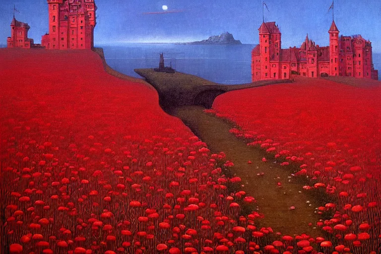 Image similar to only with red, red flowers of different types, a red tiger, a castle in the background, medieval demons dance over the flowers, an ancient path, in the style of beksinski, part by hopper, part by rodcenko, part by hofbauer, intricate composition, red by caravaggio, insanely quality, highly detailed, masterpiece, red light, artstation