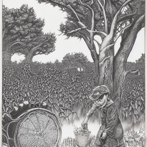 Image similar to warm red, steampunk eclectic, shadowy by shotaro ishinomori, by todd schorr. a beautiful drawing depicting a farm scene. the drawing shows a view of an orchard with trees in bloom.