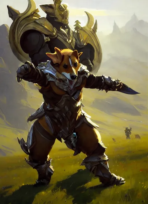 Image similar to Greg Manchess painting of a Corgi Charr from Guild Wars 2 wearing Forerunner Armor from Halo, countryside, calm, fantasy character portrait, dynamic pose, above view, sunny day, artwork by Jeremy Lipkin and Giuseppe Dangelico Pino and Michael Garmash and Rob Rey, very coherent asymmetrical artwork, sharp edges, perfect face, simple form, 100mm