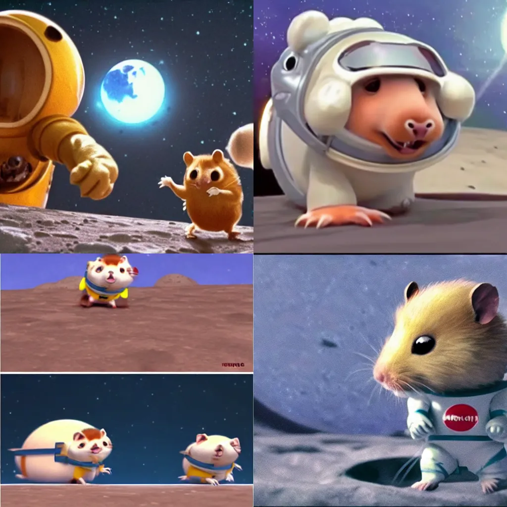 Prompt: the first hamster on the moon, antropomorphic, wearing an astronaut suit, screenshot from pixar, screenshot from disney